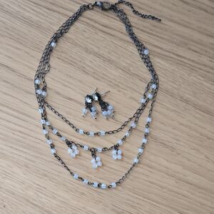 Vintage Betsey Johnson Beaded Triple-strand Necklace and Beaded/CZ Earrings Set